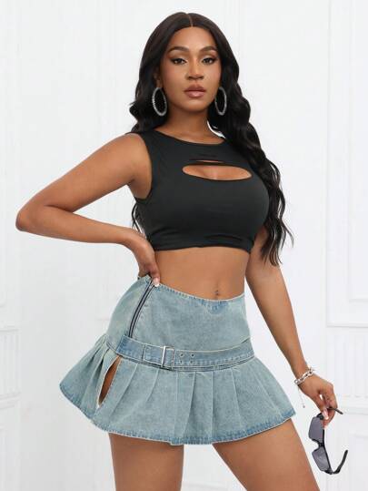 SHEIN SXY 夏季復古百褶迷你牛仔裙，側面開叉設計