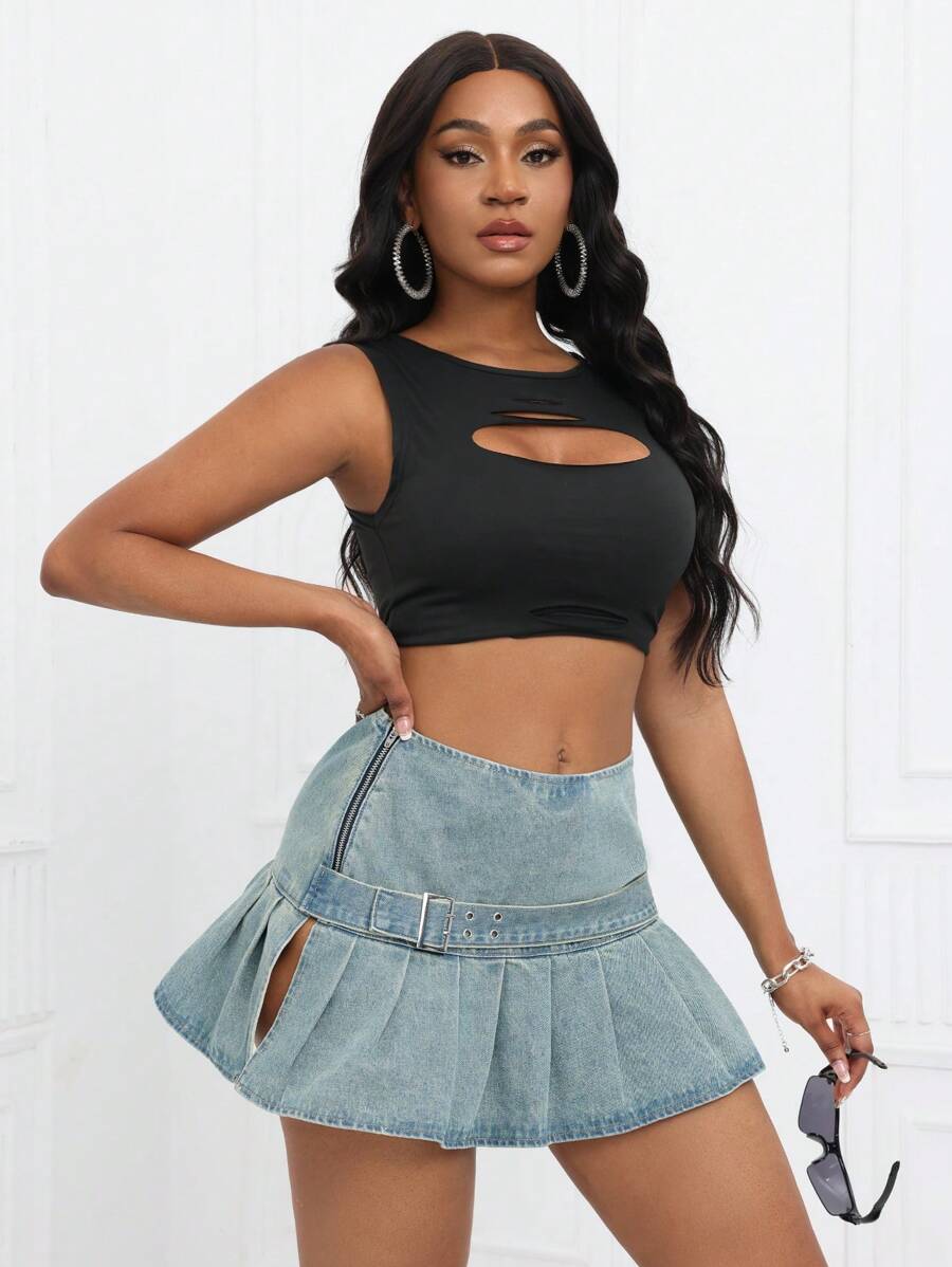 SHEIN SXY 夏季復古百褶迷你牛仔裙，側面開叉設計 - 中等水洗藍 - 查看 1