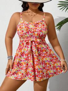 SHEIN Swim Curve Plus Size Summer Beach Vacation Style Ditsy Print Tankini Set, Suitable For Pool