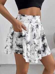 SHEIN Essnce Women's Summer Tie-Dye High Waist Casual Sports Skirt With Side Pockets, Anti-Exposure
