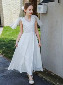 SHEIN Glamorique Kids 青少女優雅華麗的白色長派對禮服，適用於母親節、婚禮季、生日派對和其他場合，如晚會或演出 - 白色 - 查看 5