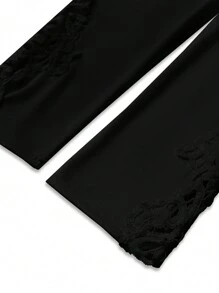 SHEIN LUNE Solid Color Lace Trim Floral Print Bottoming Pants