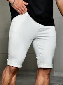 Manfinity Homme Men White Skinny Knee Length Denim Shorts