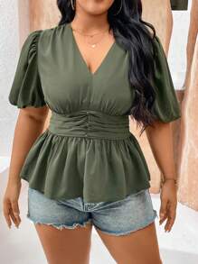 Flirla Plus Size Women Fashion V-Neck Gathered Waist Bubble Sleeve Versatile Shirt - Army Green - View 5