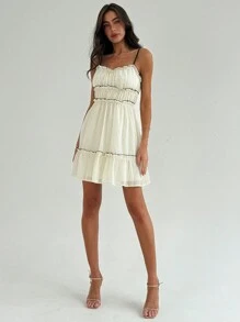 Aloruh Women Spaghetti Strap Chiffon Umbrella Dress With Color-Block Trim And Ruffled Hem, Beige - Beige - View 3