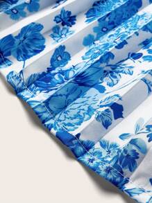 SHEIN Tween Girl Blue And White Floral Pattern Ruffle Trim Cold Shoulder Halter Neck Pleated Jumpsuit - Blue and White - View 4