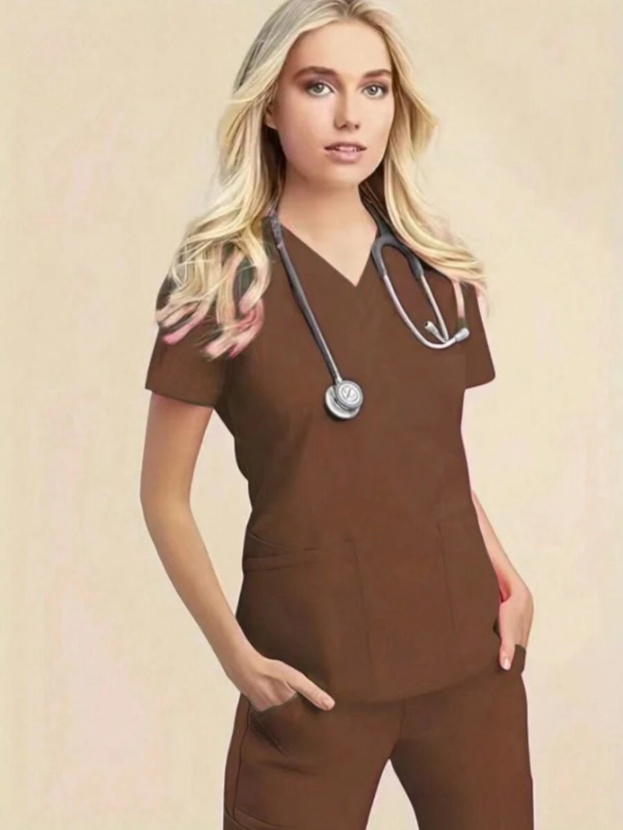 女式 V 领短袖手术服上衣，带双口袋 - 棕色 - 查看 1