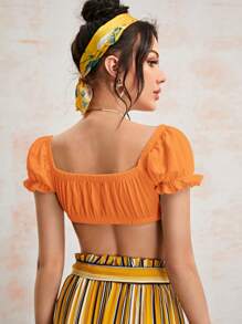 Soleia Top corto para mujer con mangas abullonadas con banda de pliegues - Naranja Coral - Ver 2
