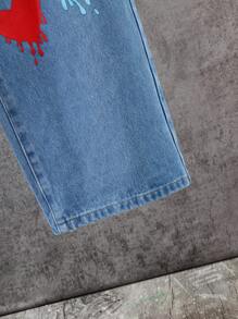 SHEIN Teen Boy Casual Fashionable Blue Monochrome Lettering And Colorful Cool Dinosaur Print Comfortable Baggy Jeans For Summer Vacation And Dailywear