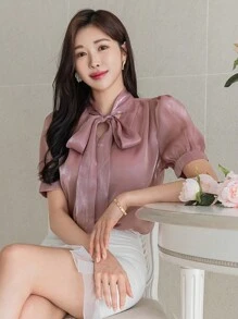 DAZY Áo sơ mi ngắn tay sang trọng có nơ, Hàng mới về - Hồng - Xem 4