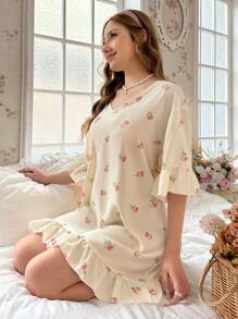 花卉印花荷叶边下摆喇叭袖睡衣睡裙 - 杏色 - 查看 3