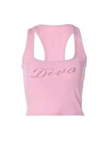INAWLY Damski Y2K Rhinestone Letter Print Slim Crop Tank Top na lato Koszulki graficzne Damskie topy