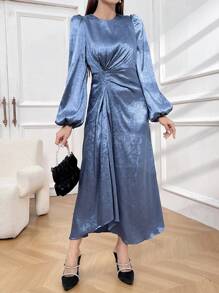 Modelyn Women's Puff Sleeve Twist Front Satin Mini Dress Long Evening Dresses