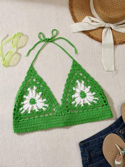 SHEIN Swim Curve 大码镂空针织沙滩罩衫，采用彩色拼接和露背设计，夏季