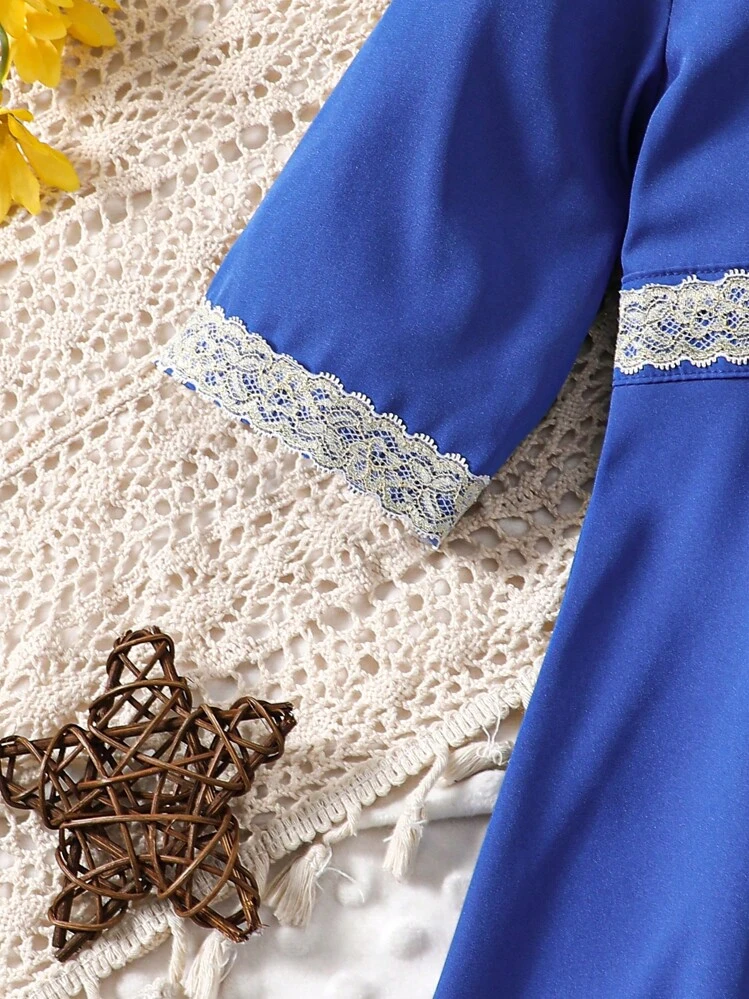 Black And Gold Embroidered Lace Long Baby  Dress - Royal Blue - View 3