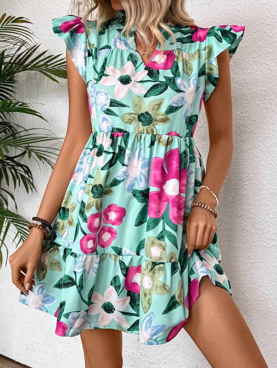 Breezaya Đầm nữ tay cổ chữ V in hoa kỳ nghỉ hè có xẻ - Nhiều màu - Xem 1