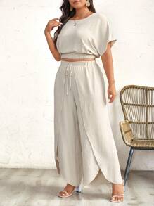 SHEIN Frenchy Plus Size Women Short Sleeve Batwing Top And Wide Leg Pants Loose Two Pieces Set For Summer - Apricot - View 5