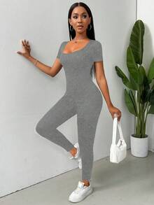 SHEIN Essnce 女士實色修身連體褲，日常穿著 - 淺灰色 - 查看 3