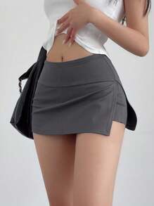 INAWLY Women Summer Solid Color High Waist Side Slit Slim Fit Mini Skirt