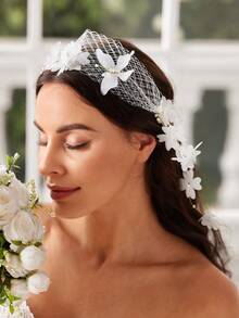 SHEIN Belle 1 Stück eleganter und luxuriöser Haarreif mit 3D Blumenmuster, Quasten und Perlen/Perlen Verzierung, geeignet für Hochzeit, Flitterwochen und Party Haarband, Turban Haarband, Stirnband - Weiss - Übersicht 3