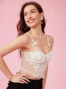 Enchnt Women Summer White Flower Embroidery Bow Fashionable Camisole Top, Cute,  And Sexy  - White - View 5