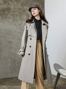 Spring/Autumn Casual Solid Color Double-Breasted Long Trench Coat Jacket