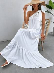 EURMUSE One Shoulder Tie Knot Peplum Maxiklänning