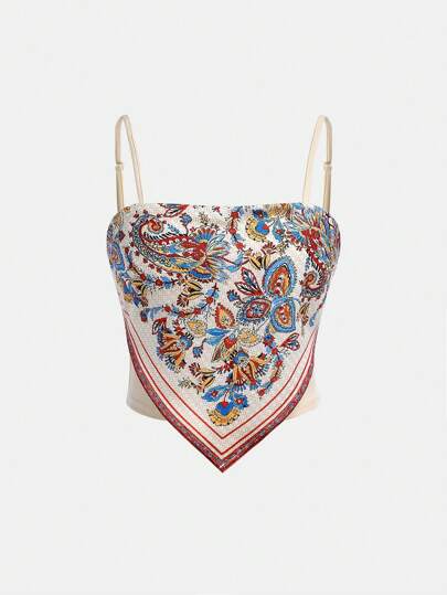 SHEIN Girlism 少女編織邊印花背心上衣與圍巾套裝