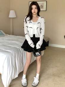 DAZY Ladies Loose Fit Cardigan With Bow Decoration, V-Neck, And Long Sleeves