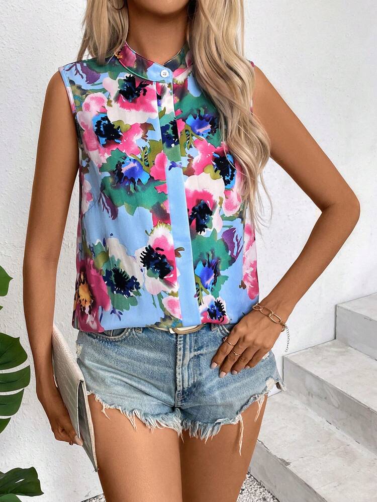 Women Summer Holiday Floral Print Stand Collar Sleeveless Casual Shirt