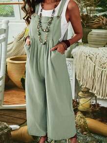 INAWLY 女性實色褶皺連身褲，附口袋，適合春夏休閒穿著