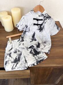 Young Boy 2pcs/Set Short Sleeve Stand Collar Ink Painting Hanfu Top With Buckle And Shorts, Suitable For Street Wear, School, And Outdoor Activities - Black - View 1