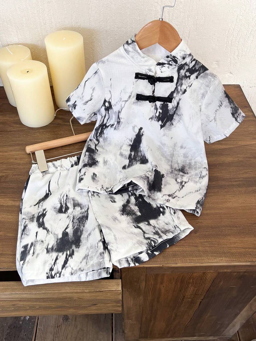Young Boy 2pcs/Set Short Sleeve Stand Collar Ink Painting Hanfu Top With Buckle And Shorts, Suitable For Street Wear, School, And Outdoor Activities - Black - View 1