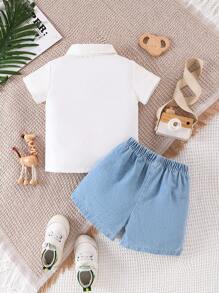 2pcs/Set New Summer Style Fun & Lovely Animal Knitted Denim Washed Casual Sporty Outfits For Baby Boys