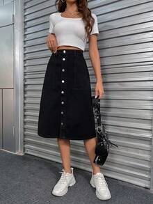 Women's Black Casual Versatile A-Line Button Down Skirt, Spring/Summer, Fit & Flare, Pocket Design, Suitable For Pride, 4th Of July, Teacher Outfits, Vacation Wear