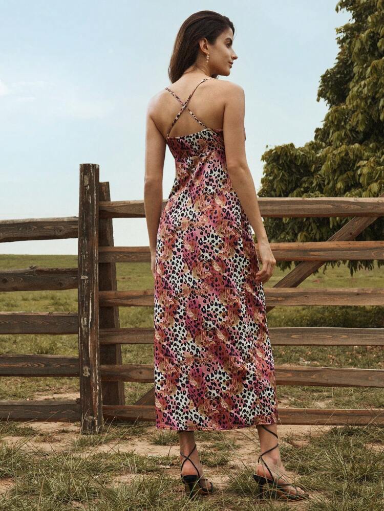 Gradient Color Animal Print Lace Splicing Criss-Cross Open Back Sexy Vacation Style Dress For Women