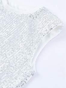 Black Sparkly Sleeveless Round Neck Shoulder Padded Glitter Sequin Tank Top - White - View 7