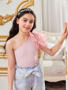 SHEIN Tween Girl Cute Light One Shoulder Palace Style 3D Flower T-Shirt - Pink - View 3