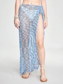 ROMWE Fairycore 夏季女式針織時尚海灘度假漁網裙 - 藍色 - 查看 2