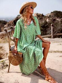 Breezaya Trang phục đi nghỉ thông thường có dây buộc cổ rộng dành cho nữ cho mùa hè - màu xanh lá - Xem 4