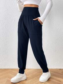 SHEIN LUNE Women Elegant And Simple Solid-Colored Tapered Pants - Navy Blue - View 6