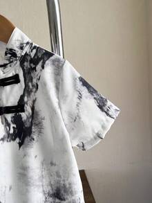 Young Boy 2pcs/Set Short Sleeve Stand Collar Ink Painting Hanfu Top With Buckle And Shorts, Suitable For Street Wear, School, And Outdoor Activities - Black - View 4