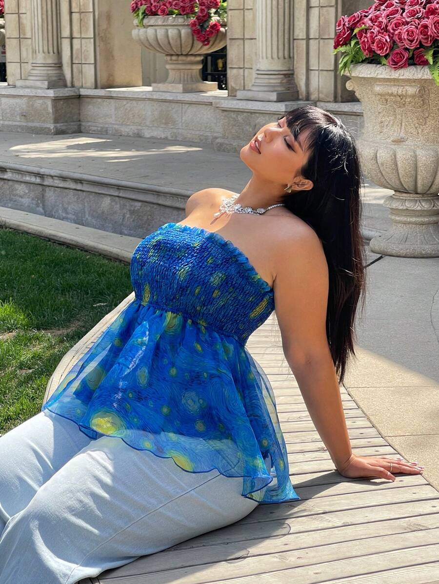 Lyrianda 女士大尺碼露肩雏菊綢緞甜美上衣 - 藍色 - 查看 1
