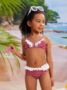 Set bikini alla moda con stampa a quadretti per giovani ragazze, con balze e pantaloncini separati, costume da bagno carino stampato per bambini per l estate e la spiaggia