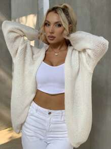 女士春秋季寬鬆蝙蝠袖長袖針織開衫，中長款 - 白色 - 查看 1