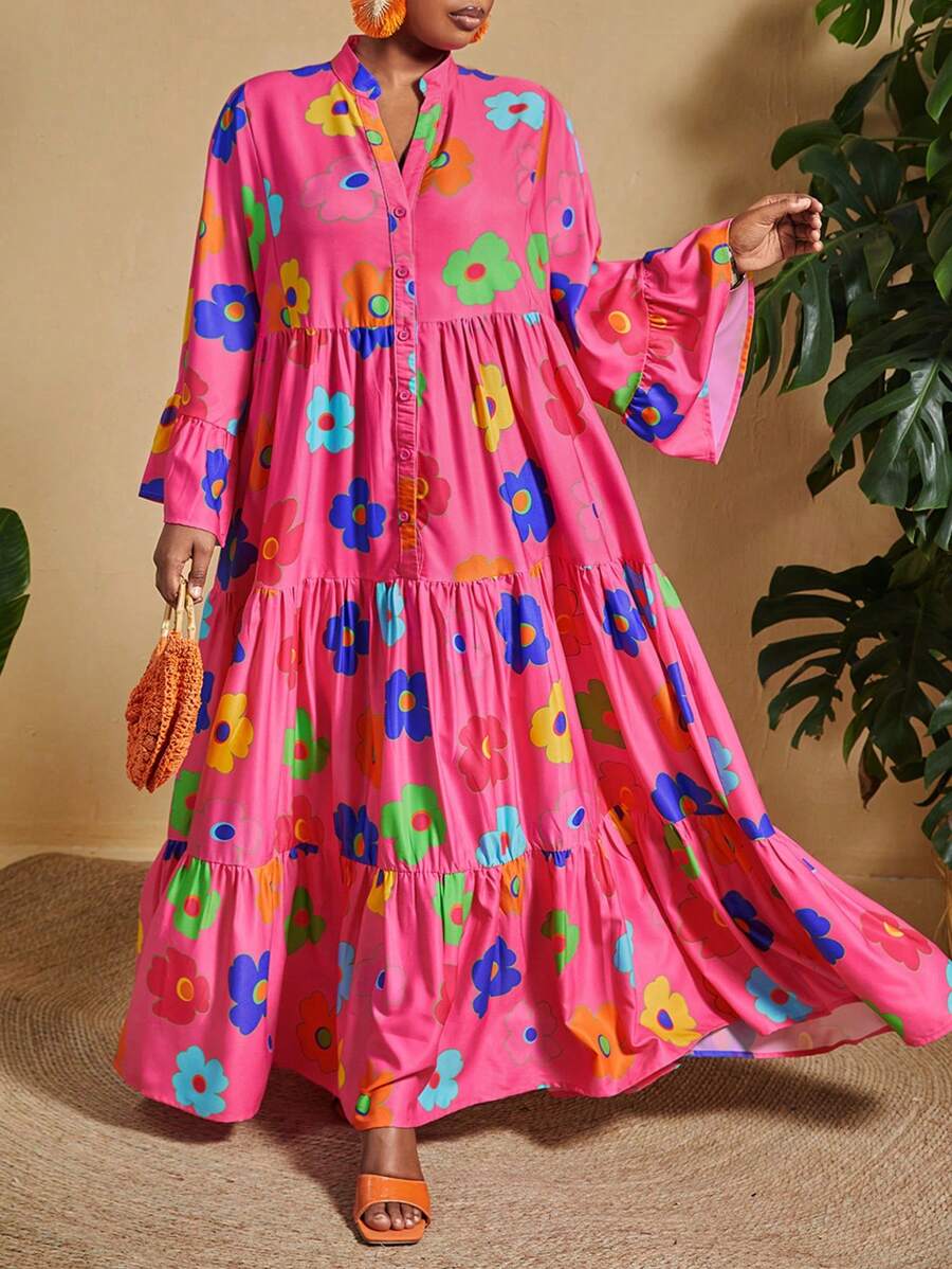 Slaydiva Plus Size Notched Neck Floral Print Bell Sleeve Loose A-Line Dress For Holiday Matching - Hot Pink - View 1