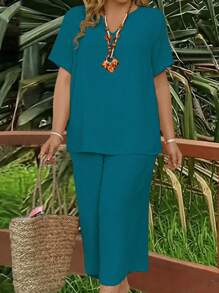 EMERY ROSE 大尺碼女士簡約純色短袖上衣和短褲套裝 - 水鴨藍 - 查看 4