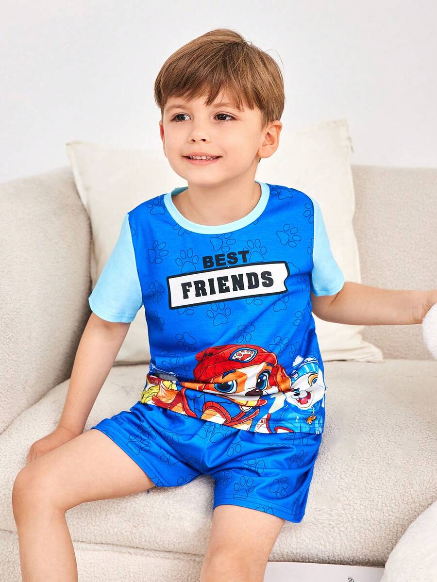 SHEIN Young Boy Summer Leisure Comfortable Cute Animal Print Flame Retardant Pajamas 2pcs Set