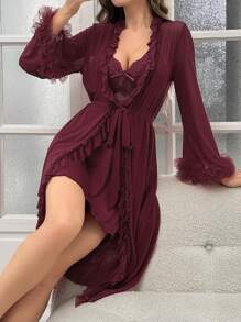 Women Solid Color Lace Patchwork Backless Halter Neck Nightgown With Ruffle Hem Robe Sleepwear Set Pajama Set