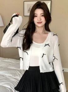 DAZY Ladies Loose Fit Cardigan With Bow Decoration, V-Neck, And Long Sleeves